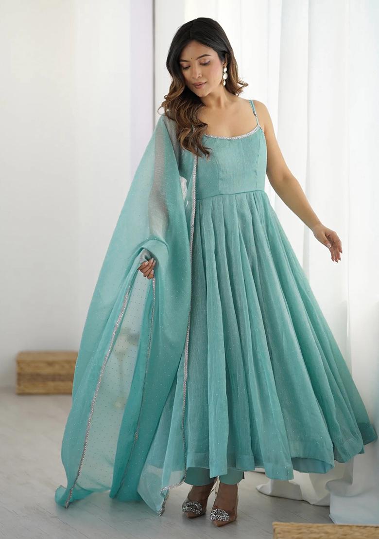 Blue Embroidered Silk Salwar Kameez With Dupatta - Indya