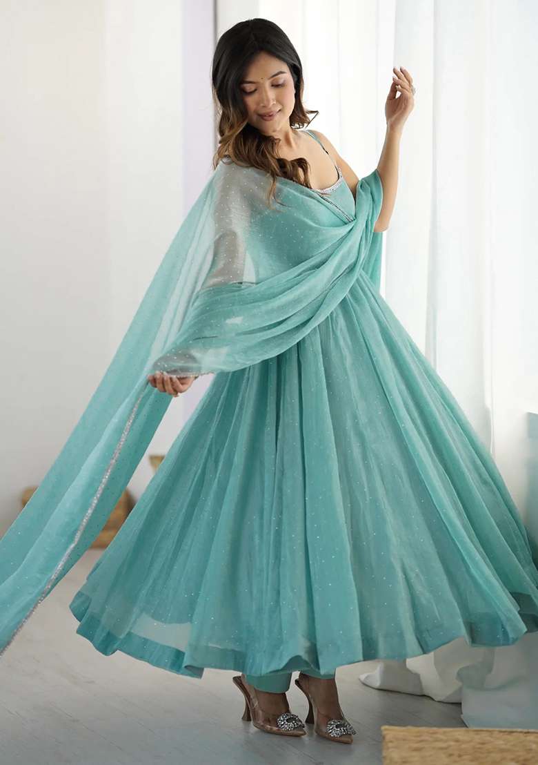 Blue Solid Silk Blend Anarkali Set - Indya