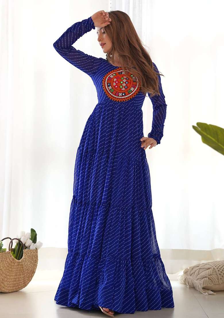 Blue Embroidered Georgette Salwar Kameez With Dupatta - Indya