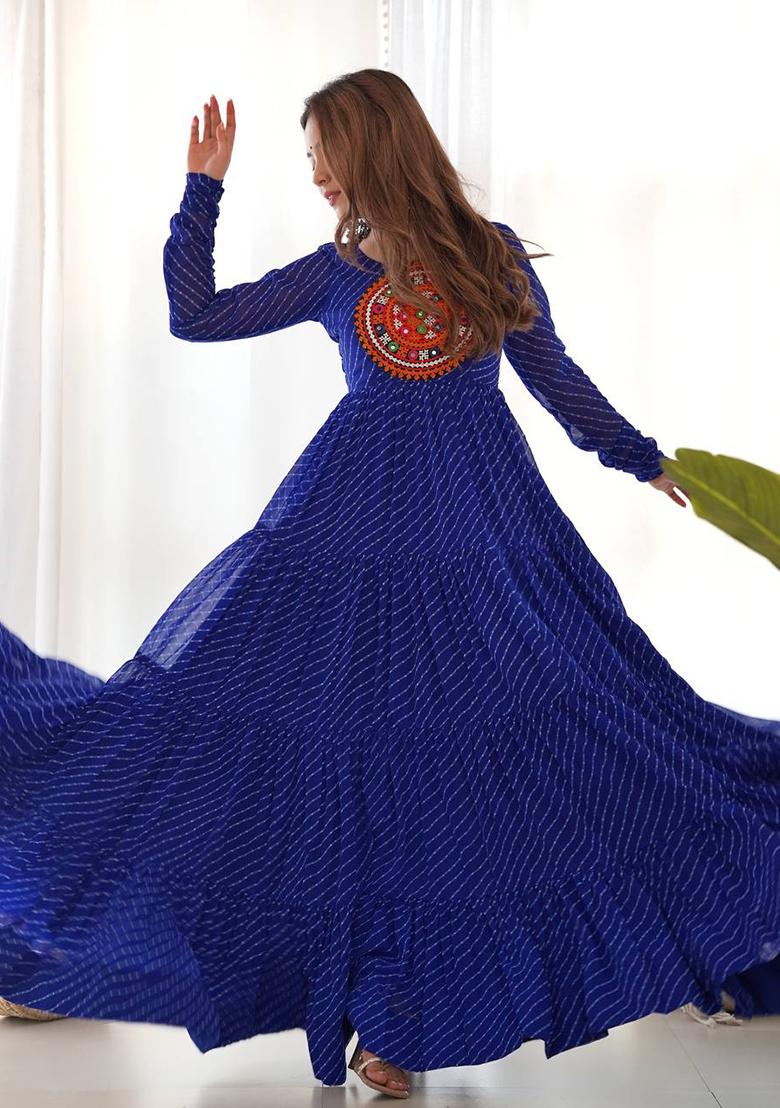 Blue Embroidered Georgette Salwar Kameez With Dupatta - Indya