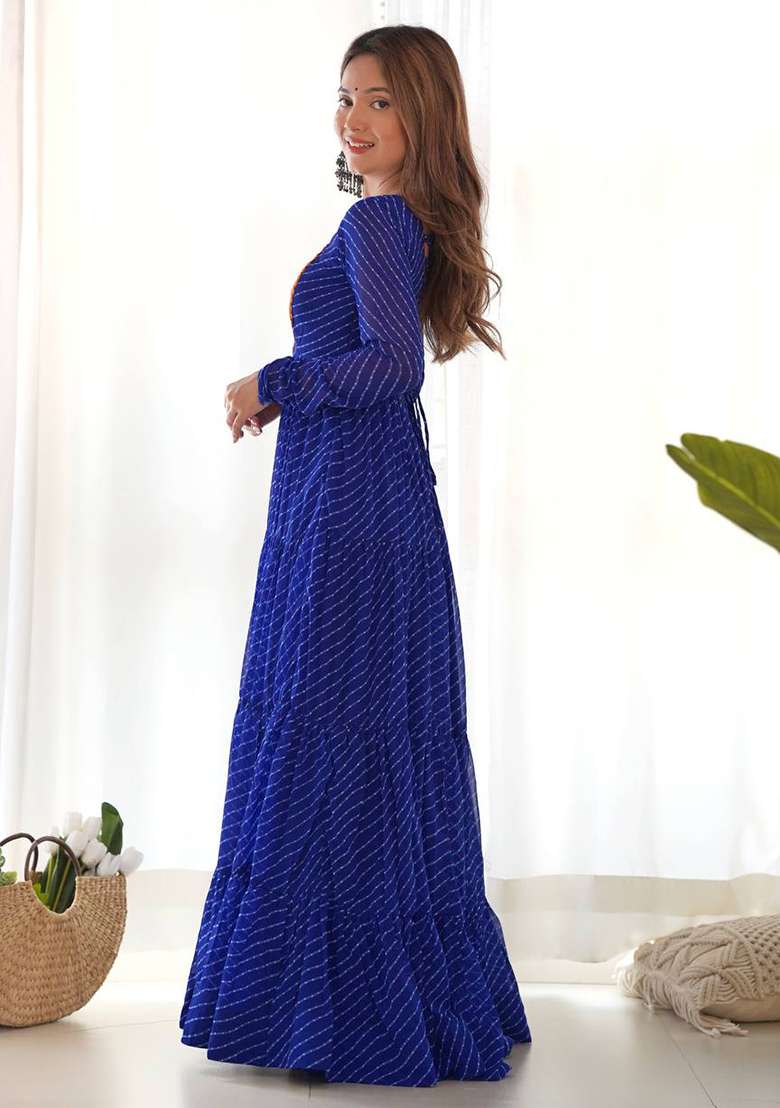 Blue Embroidered Georgette Salwar Kameez With Dupatta - Indya