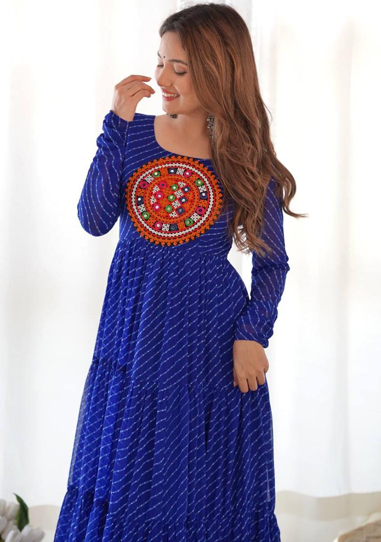 Blue Embroidered Georgette Salwar Kameez With Dupatta - Indya