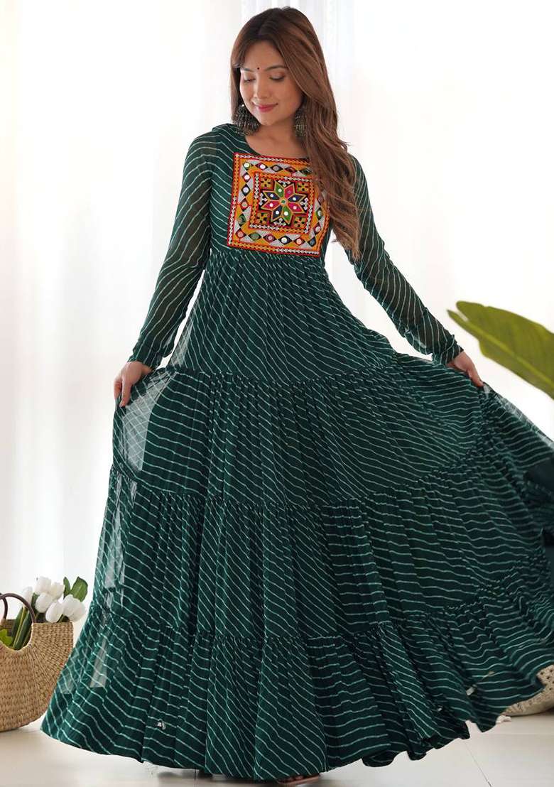 Green Embroidered Georgette Salwar Kameez With Dupatta - Indya