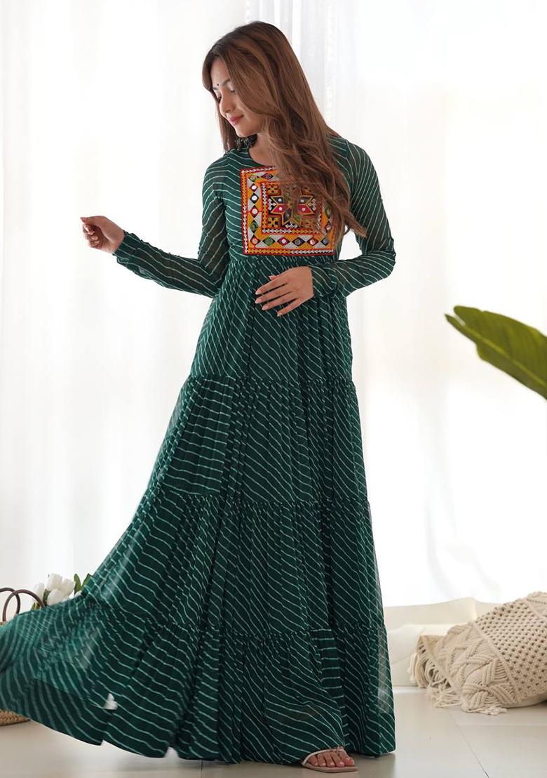 Green Embroidered Georgette Salwar Kameez With Dupatta - Indya