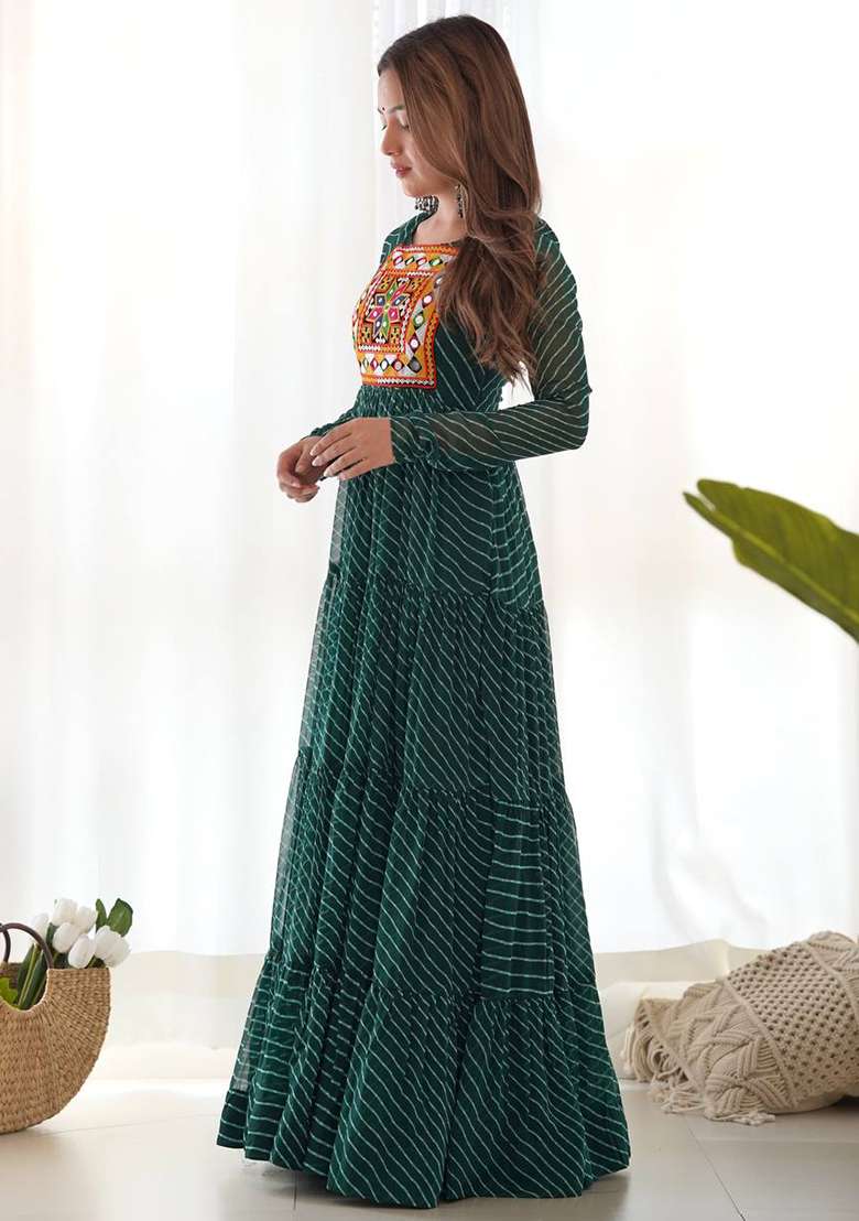 Green Embroidered Georgette Salwar Kameez With Dupatta - Indya