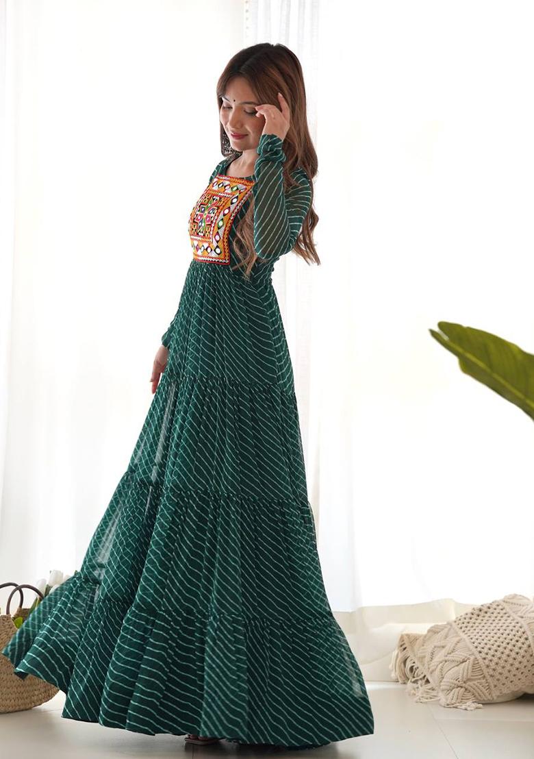 Green Embroidered Georgette Salwar Kameez With Dupatta - Indya