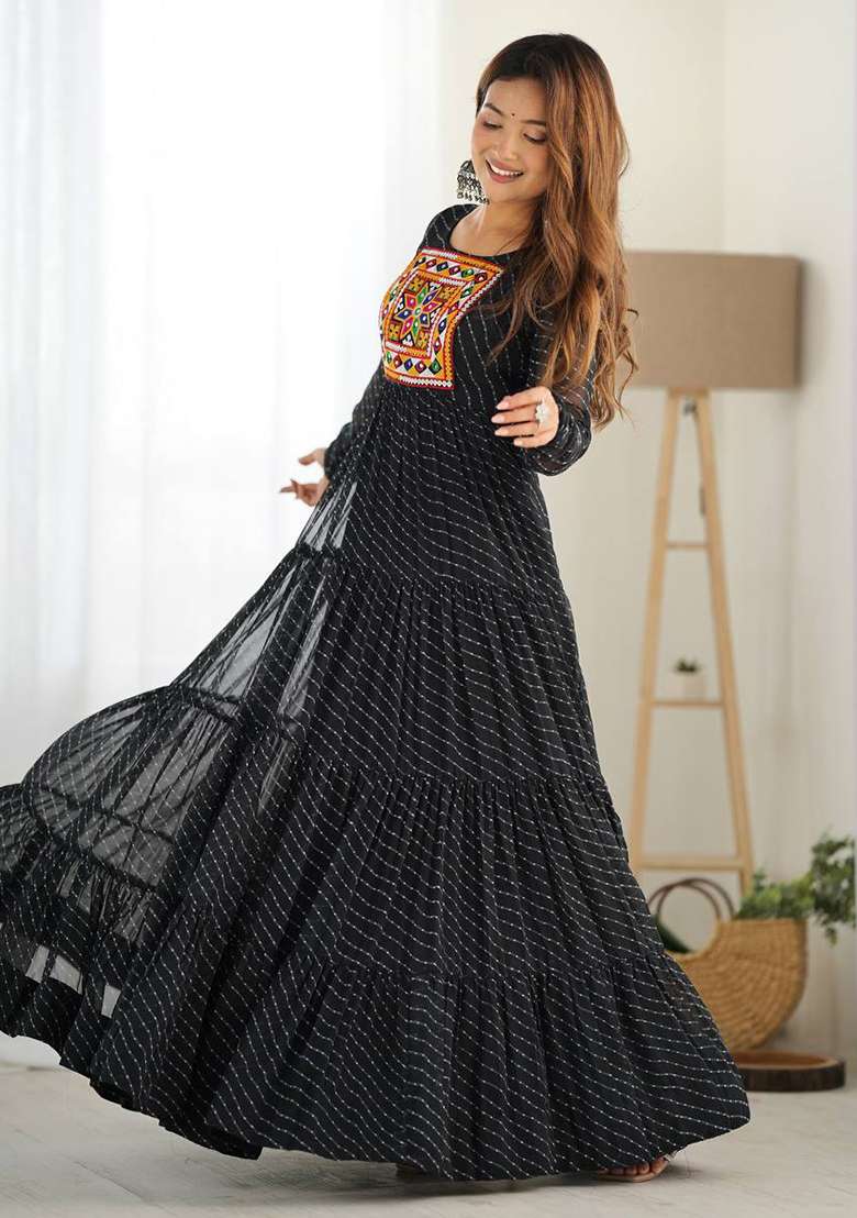 Black Embroidered Georgette Salwar Kameez With Dupatta - Indya