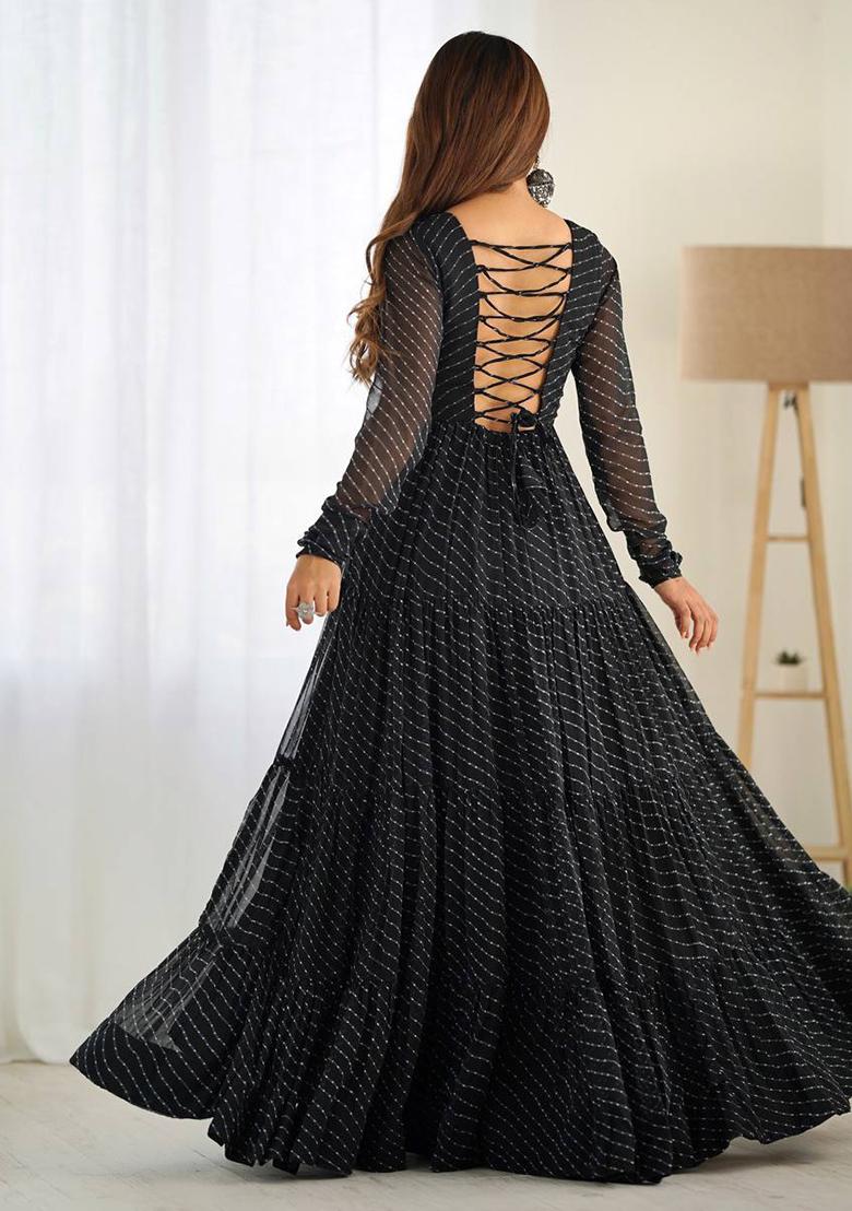 Black Embroidered Georgette Salwar Kameez With Dupatta - Indya