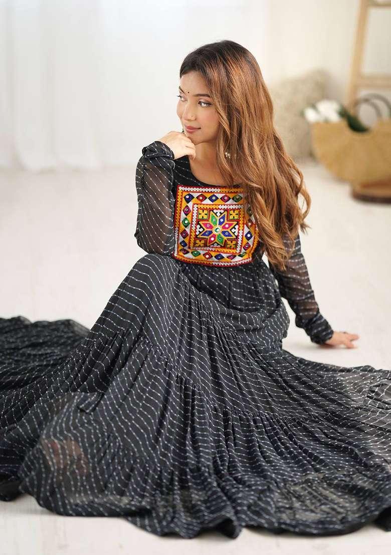 Black Embroidered Georgette Salwar Kameez With Dupatta - Indya