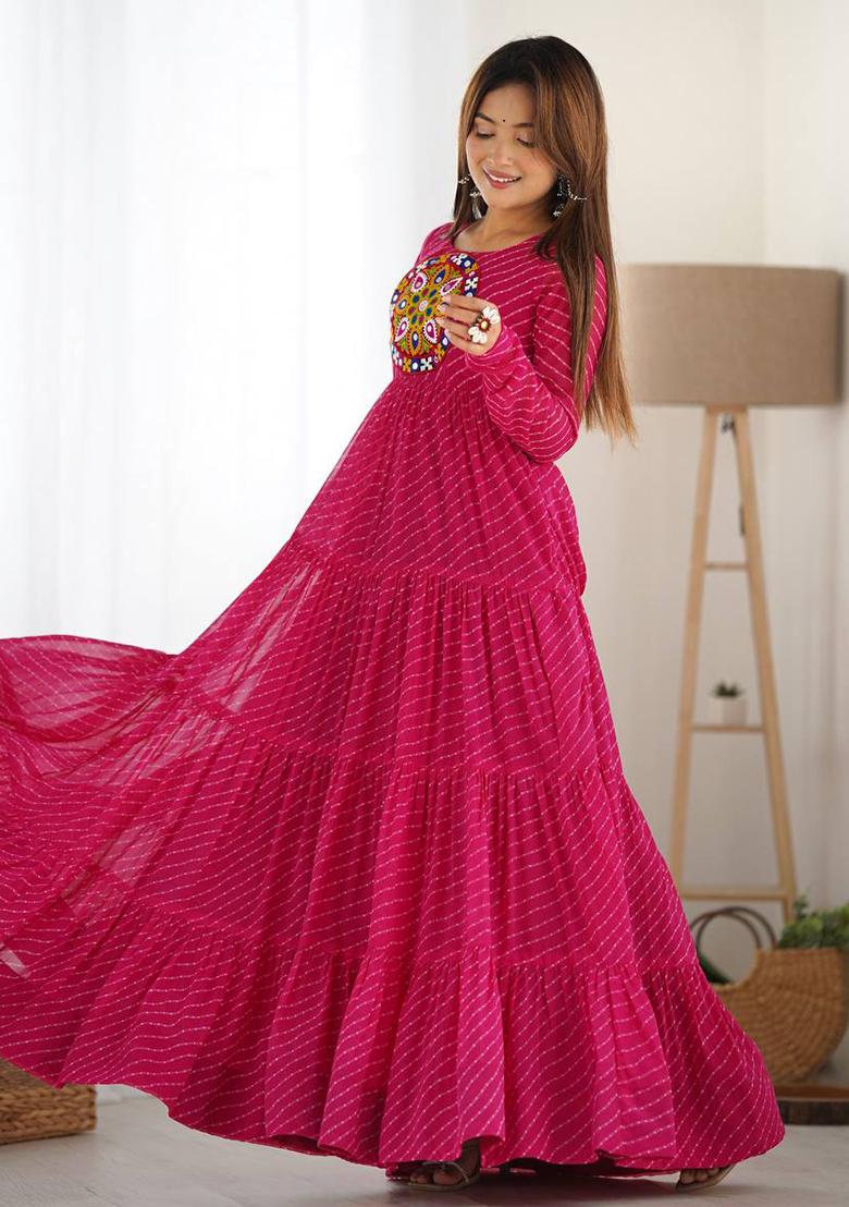 Pink Embroidered Georgette Salwar Kameez With Dupatta - Indya