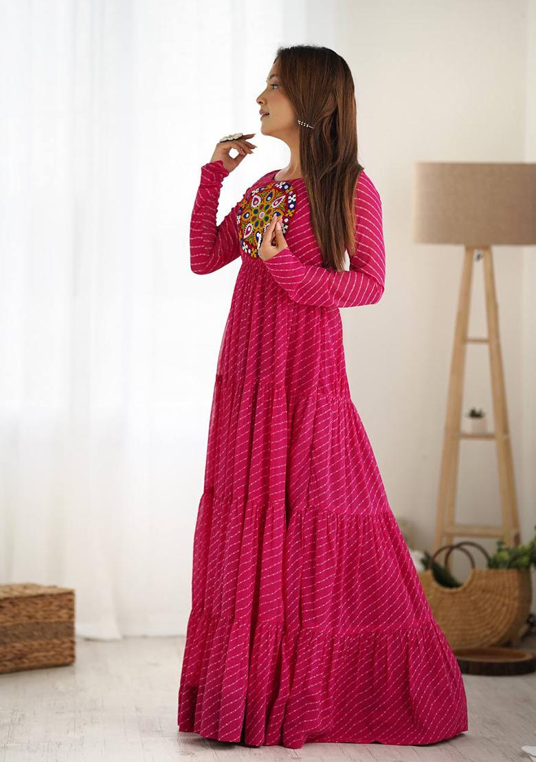 Pink Embroidered Georgette Salwar Kameez With Dupatta - Indya