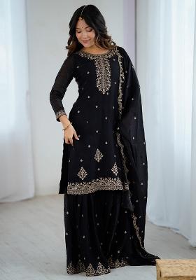 Black Embroidered Silk Sharara Set With Dupatta
