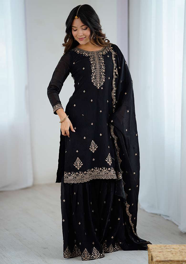 Black Embroidered Silk Blend Sharara Set - Indya