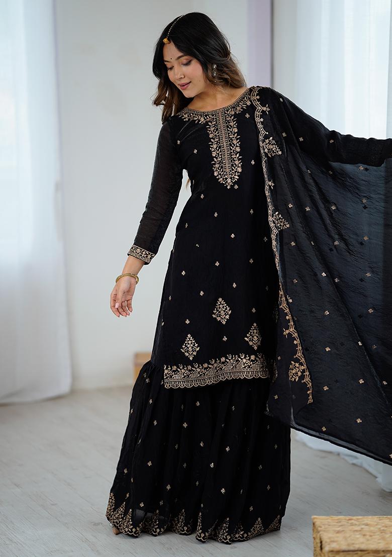 Black Embroidered Silk Sharara Set With Dupatta - Indya