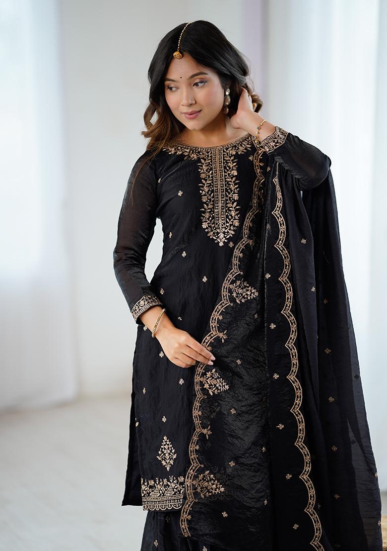 Black Embroidered Silk Sharara Set With Dupatta - Indya
