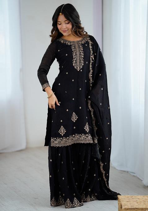 Black Embroidered Silk Sharara Set With Dupatta