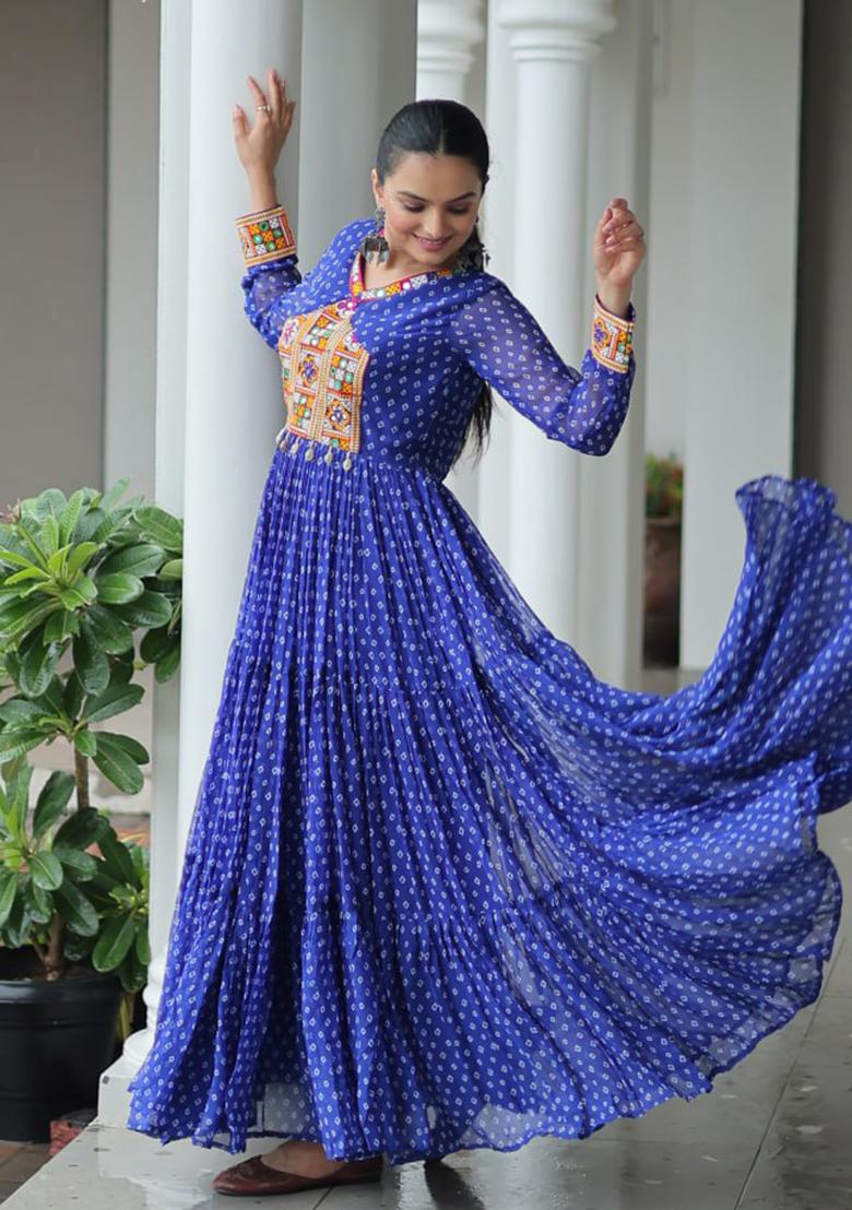 Blue Embroidered Georgette Gown - Indya
