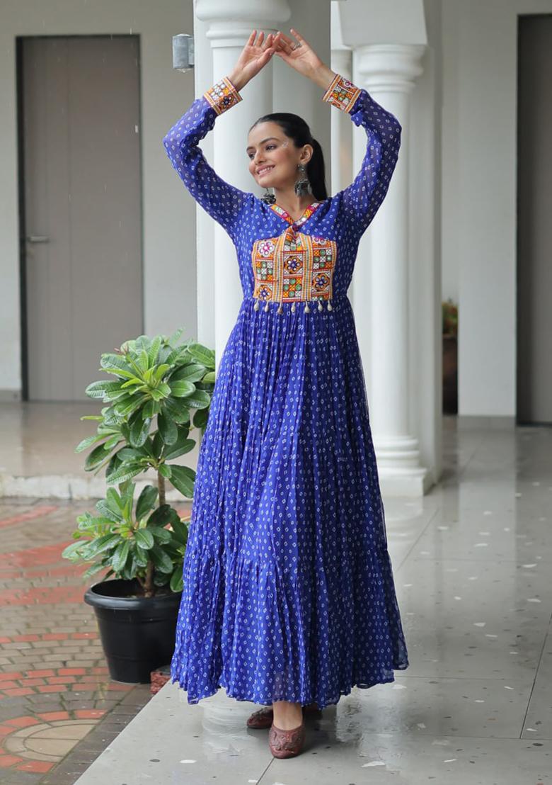 Blue Embroidered Georgette Gown - Indya