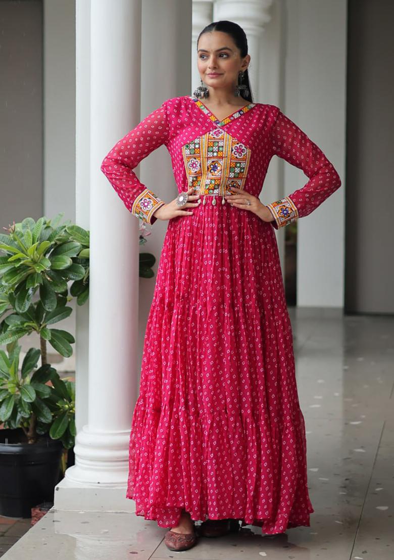 Pink Embroidered Georgette Gown - Indya