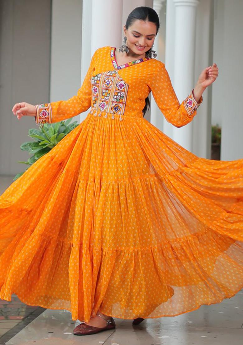 Yellow Embroidered Georgette Gown - Indya