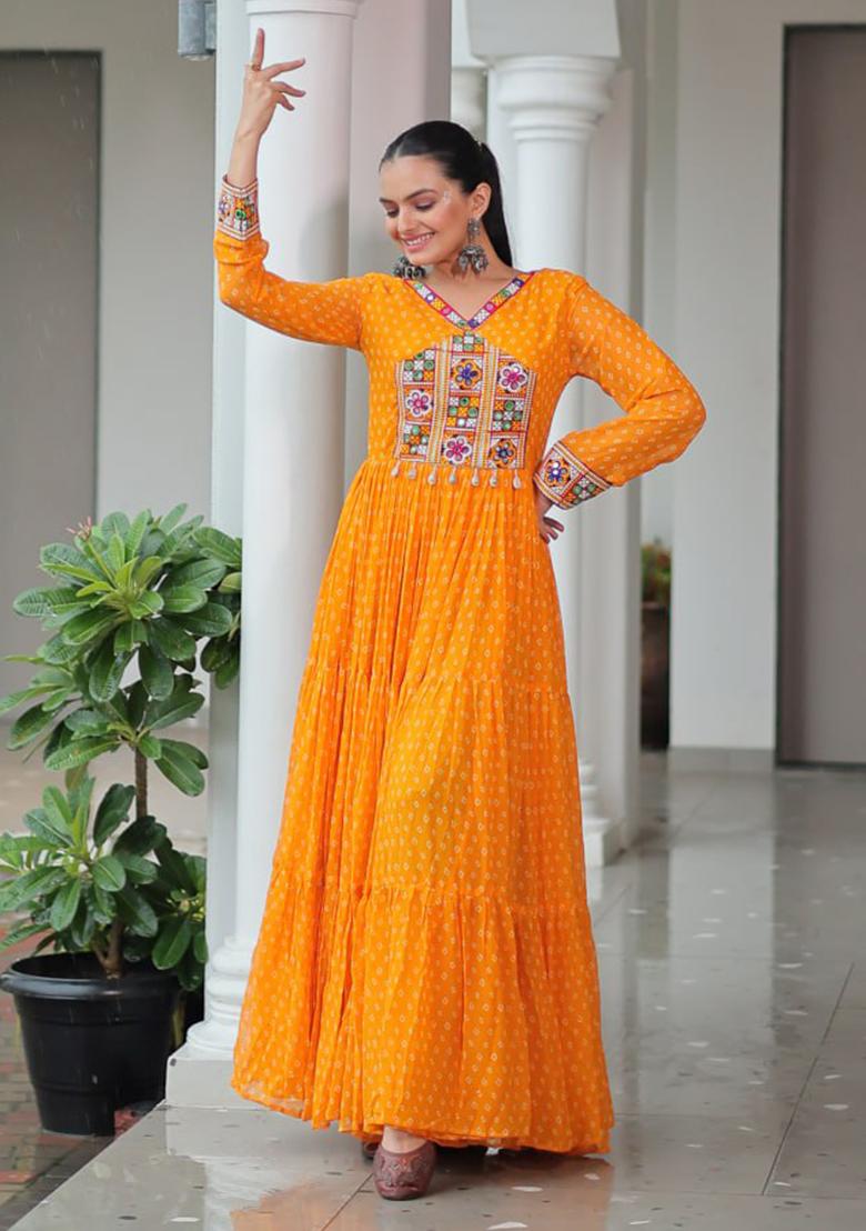 Yellow Embroidered Georgette Gown - Indya
