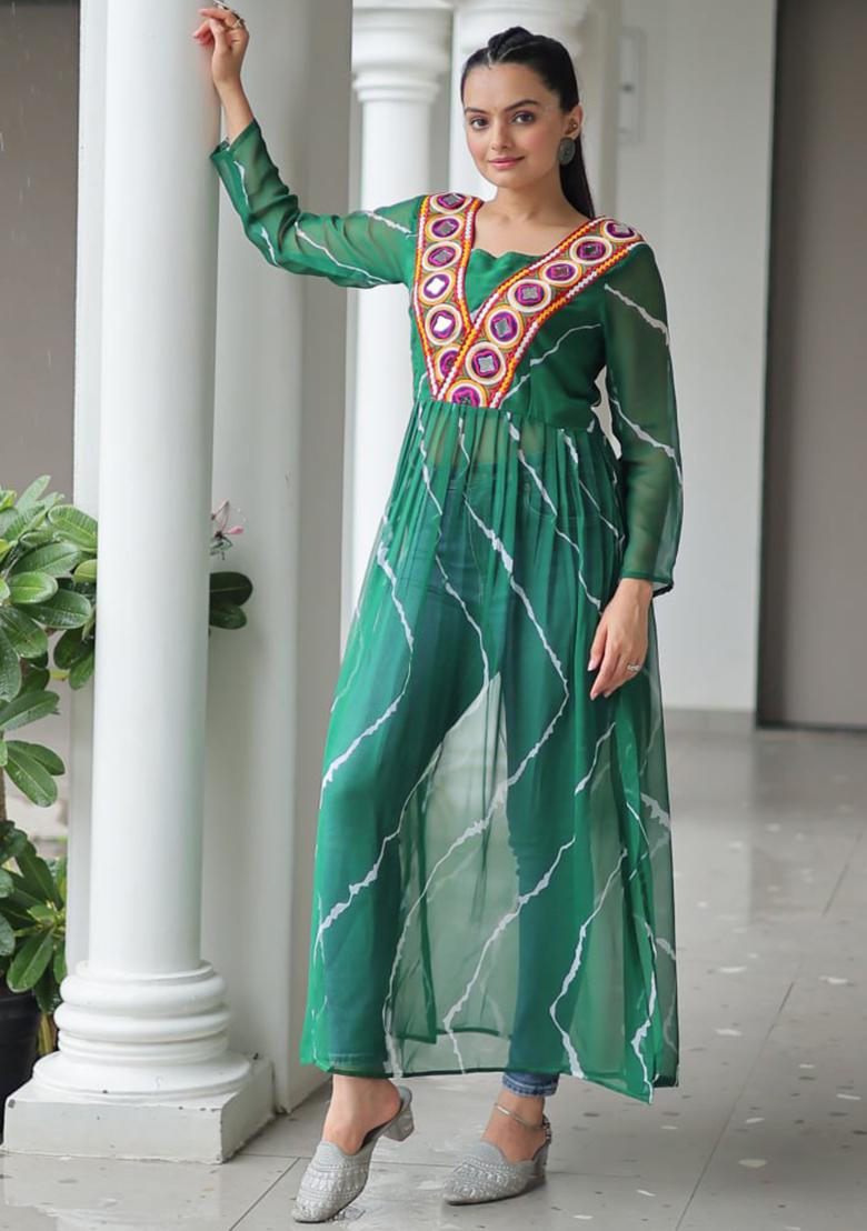 Green Embroidered Georgette Kurti - Indya