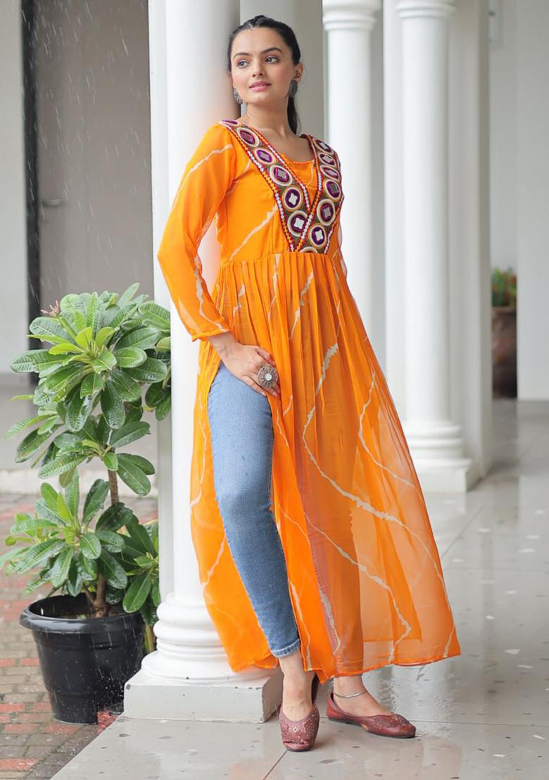 Yellow Embroidered Georgette Kurti - Indya