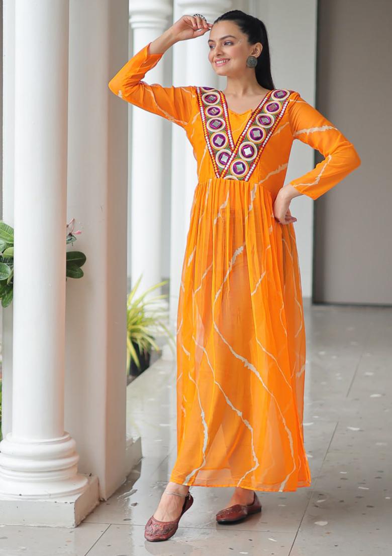 Yellow Embroidered Georgette Kurti - Indya