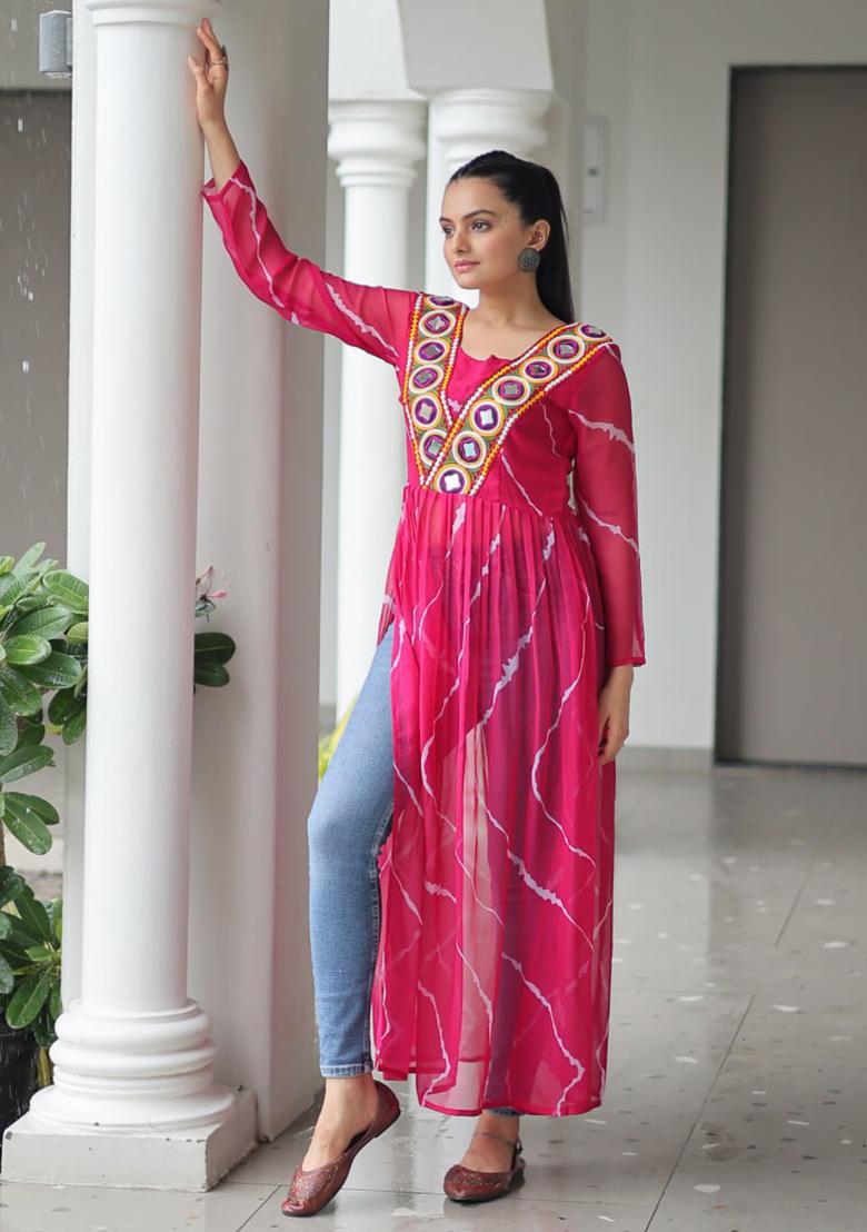 Pink Embroidered Georgette Kurti - Indya