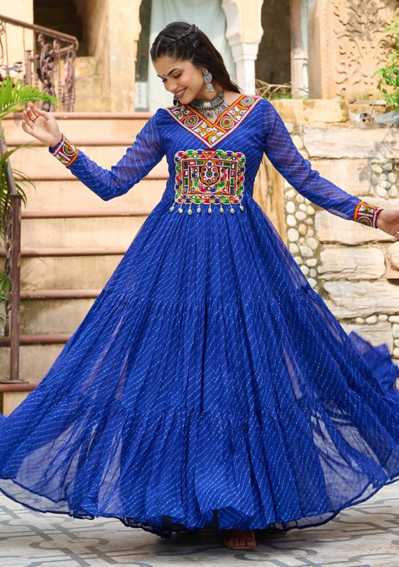 Blue Embroidered Georgette Gown - Indya