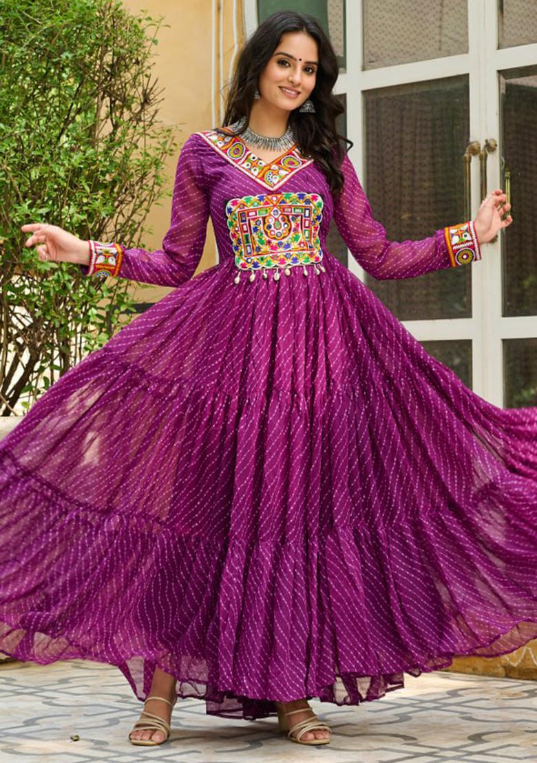 Wine Embroidered Georgette Gown - Indya
