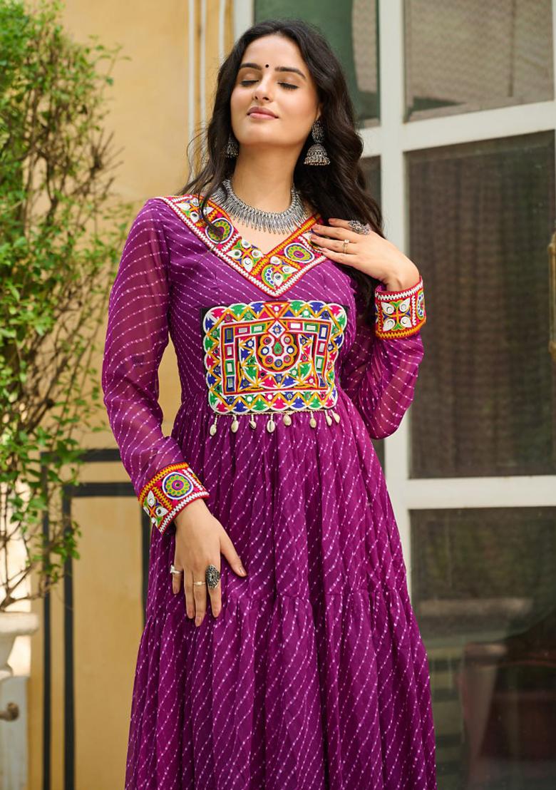 Wine Embroidered Georgette Gown - Indya