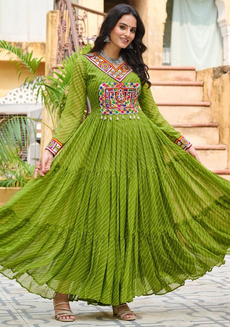 Green Embroidered Georgette Gown - Indya