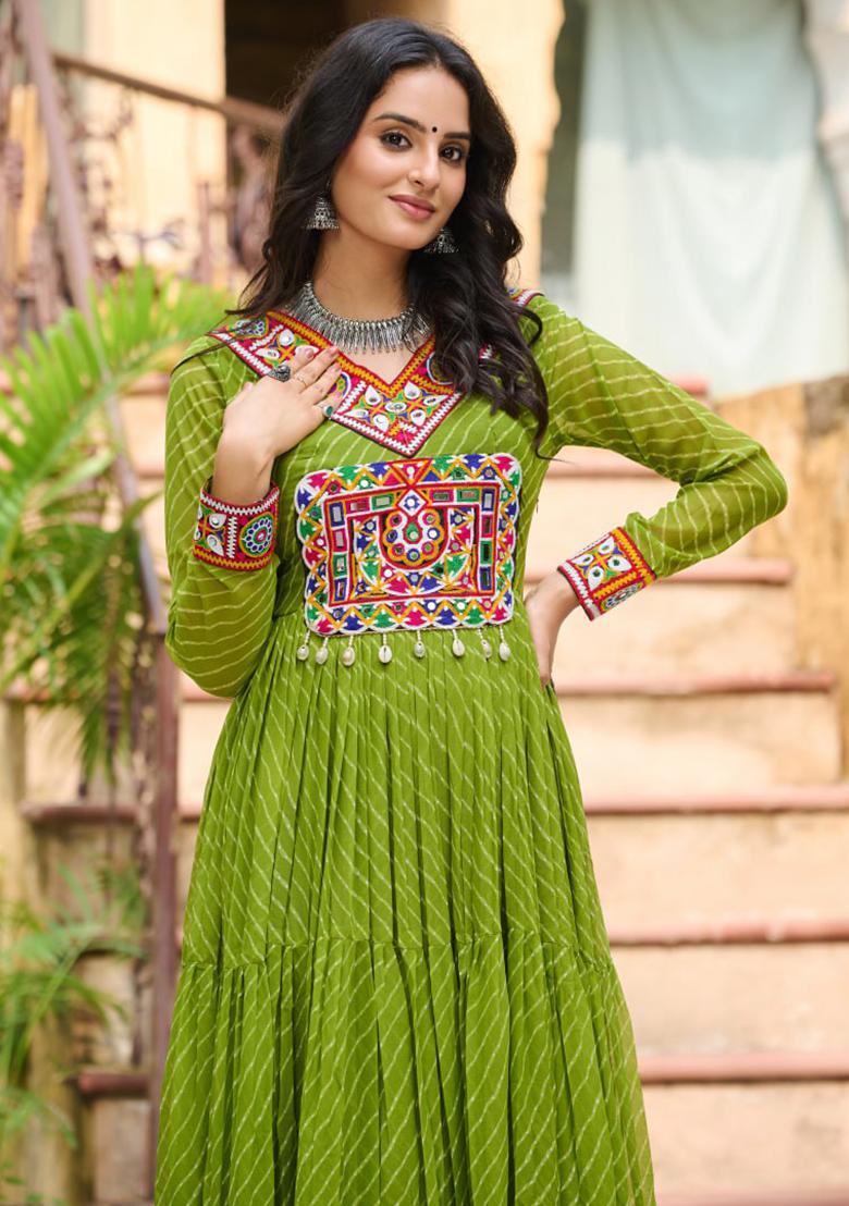 Green Embroidered Georgette Gown - Indya