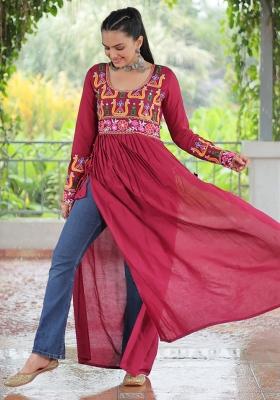 Red Embroidered Rayon Kurti