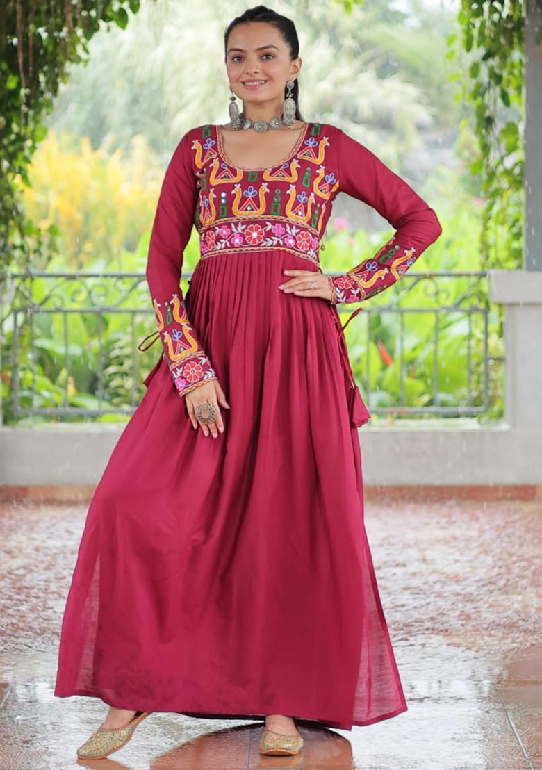 Red Embroidered Rayon Kurti - Indya