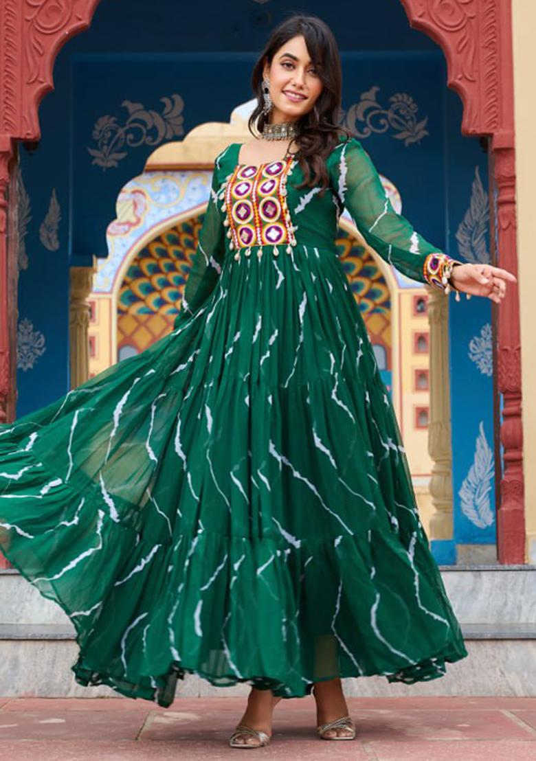 Green Embroidered Georgette Gown - Indya