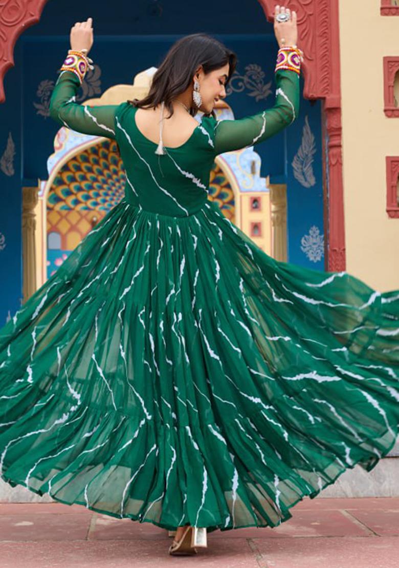 Green Embroidered Georgette Gown - Indya