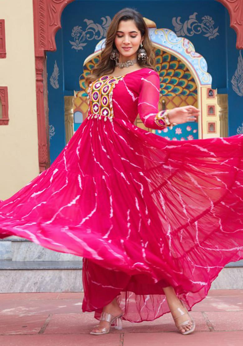 Pink Embroidered Georgette Gown - Indya