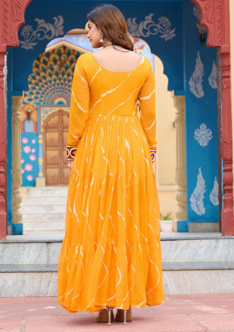 Yellow Embroidered Georgette Gown - Indya