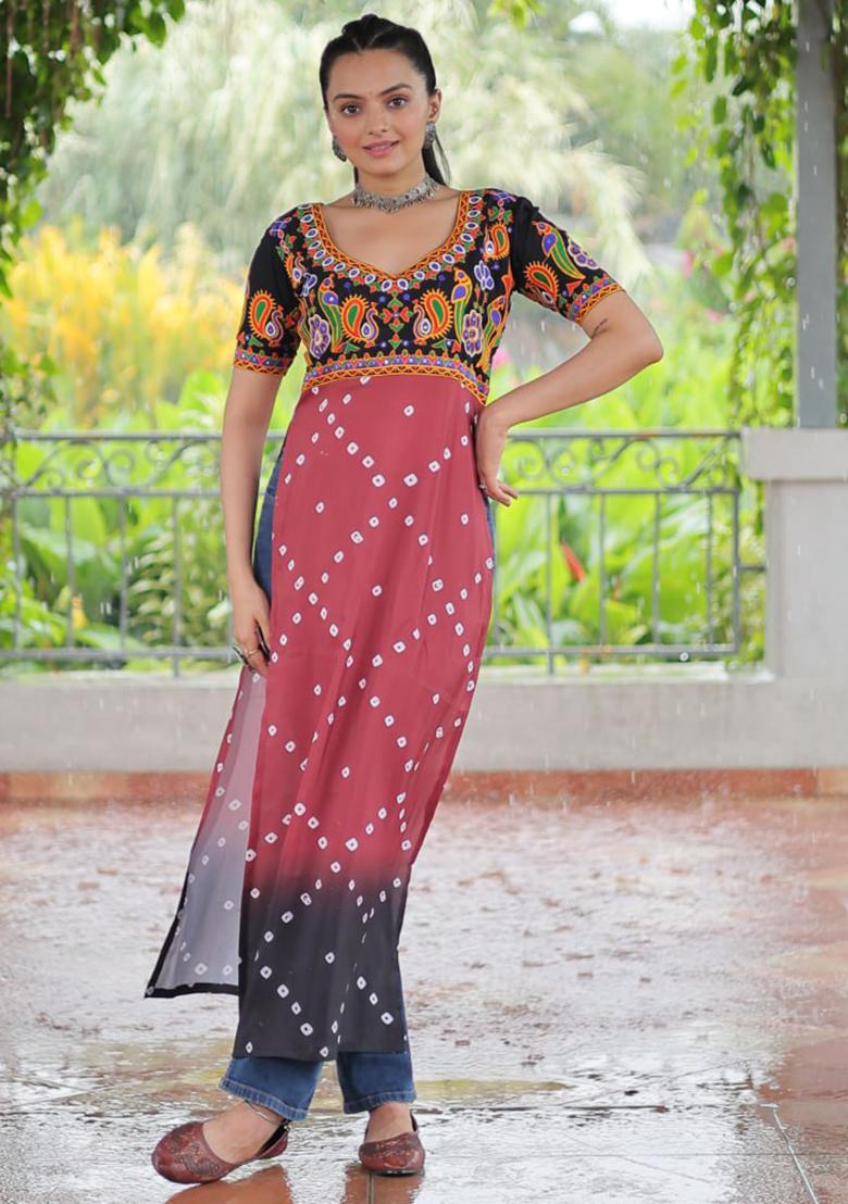 Black Embroidered Rayon Kurti - Indya