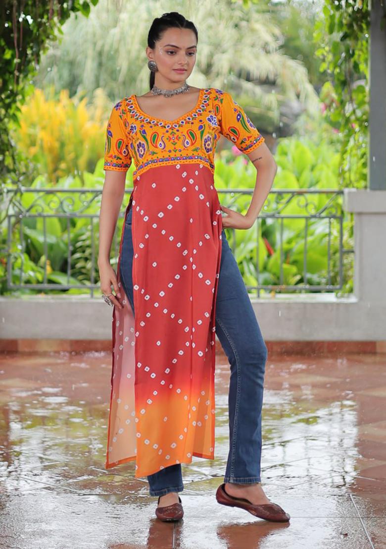 Yellow Embroidered Rayon Kurti - Indya