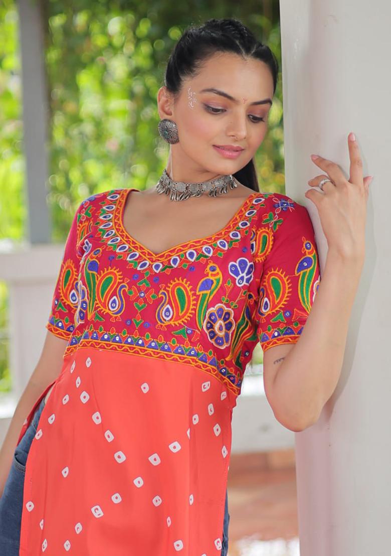 Red Embroidered Rayon Kurti - Indya