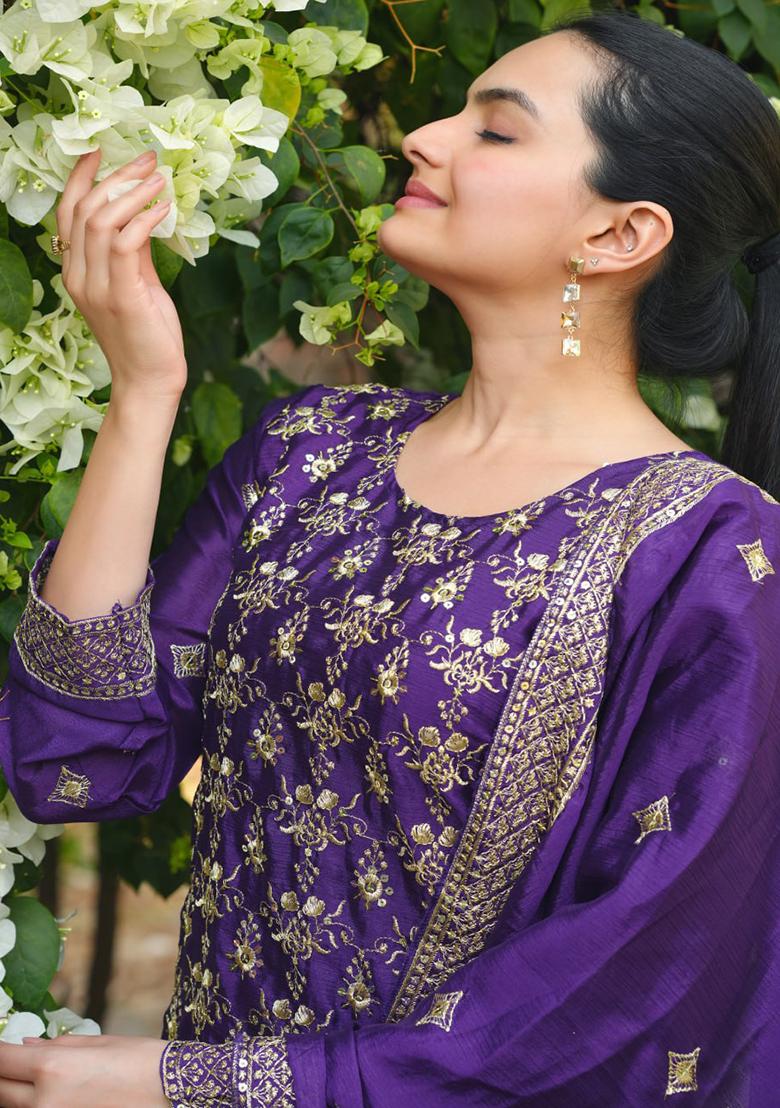 Purple Embroidered Chinon Sharara Set With Dupatta - Indya