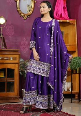 Purple Embroidered Chinon Sharara Set With Dupatta