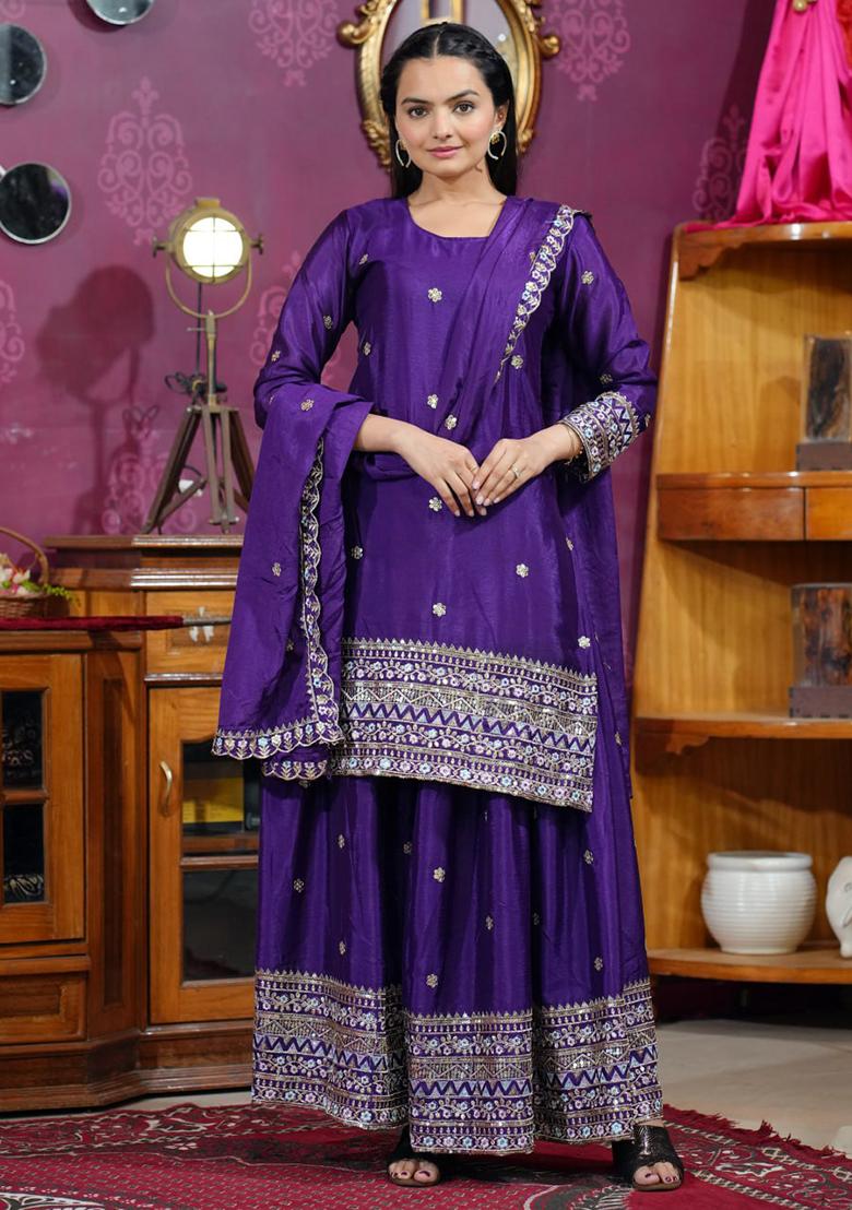 Purple Embroidered Chinon Sharara Set With Dupatta - Indya