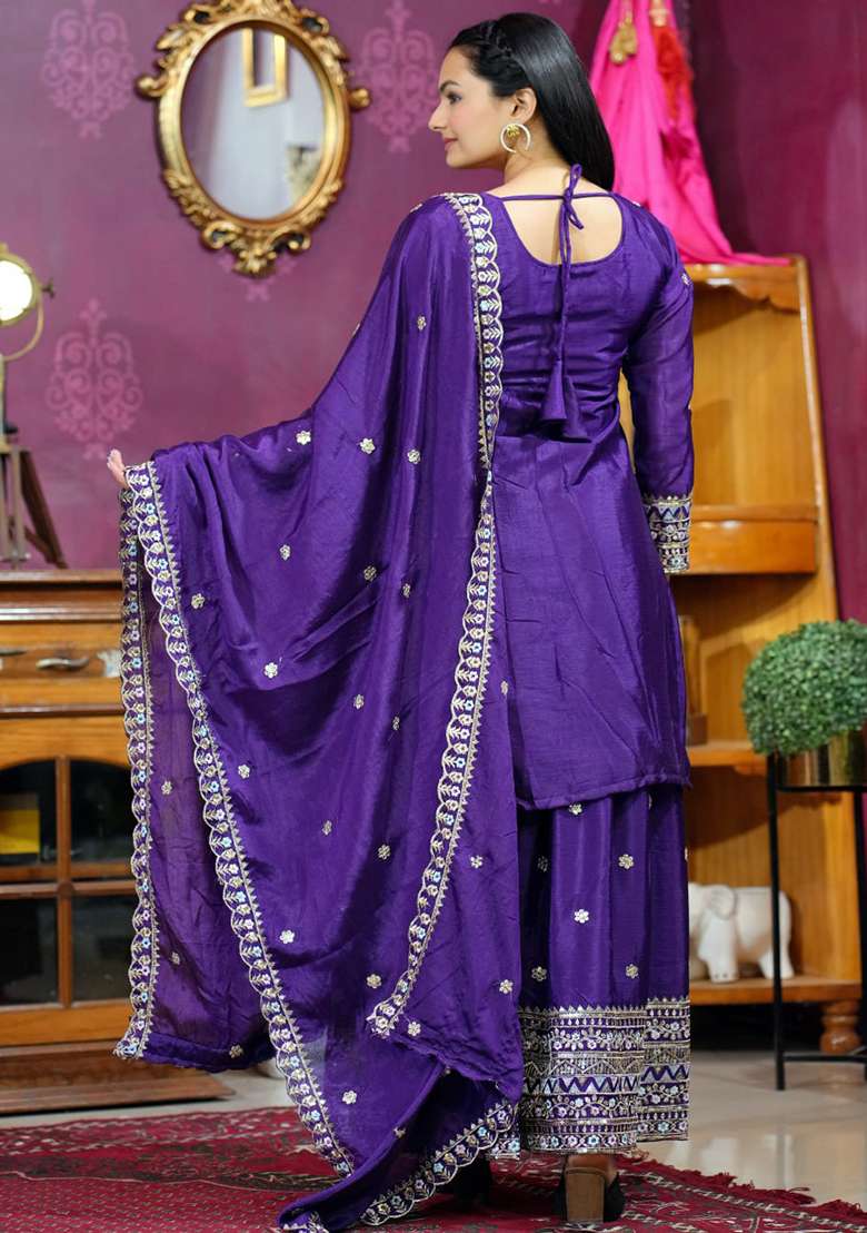 Purple Embroidered Chinon Sharara Set - Indya
