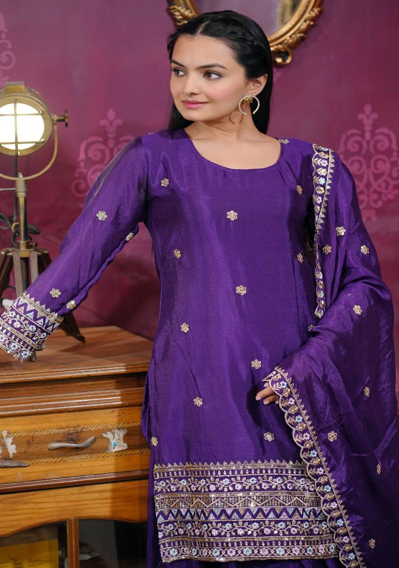 Purple Embroidered Chinon Sharara Set With Dupatta - Indya