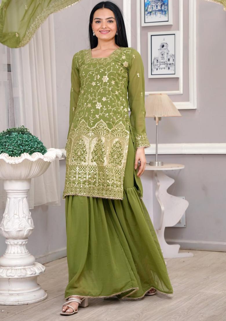 Green Embroidered Georgette Sharara Set With Dupatta - Indya