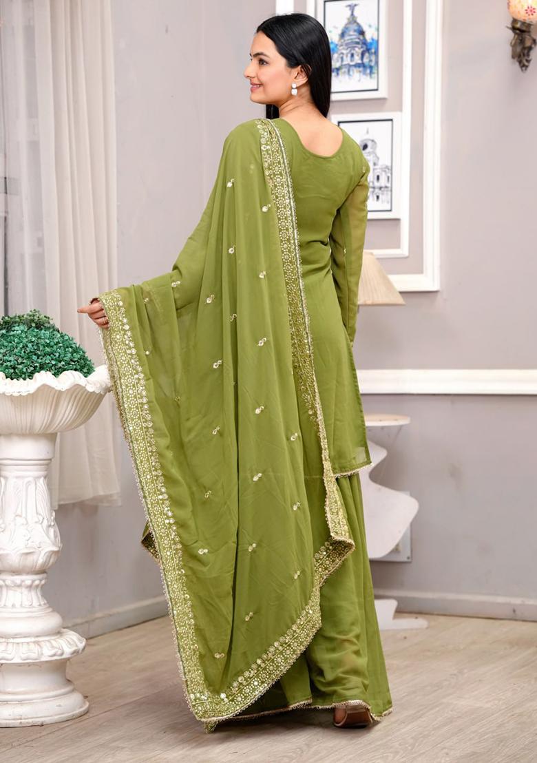 Green Embroidered Georgette Sharara Set With Dupatta - Indya